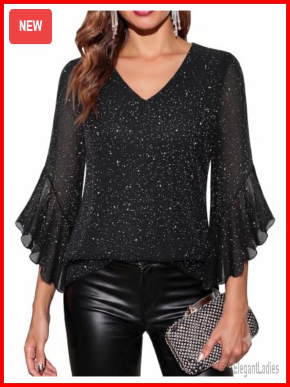 Women's 3/4 Sleeve V Neck Sequin Ruffle Tunic Blouse